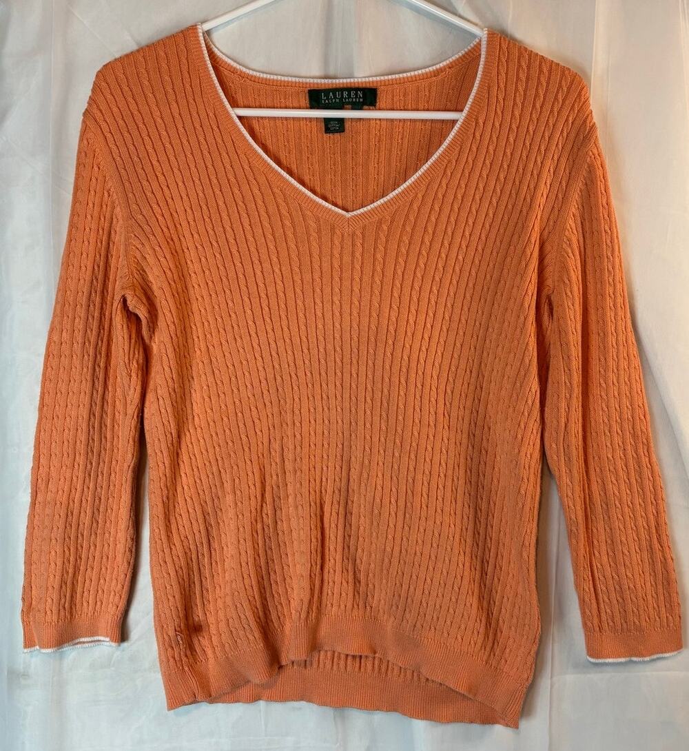 Lauren Ralph Lauren 100 Cotton V Neck Orange Sweater Size Small